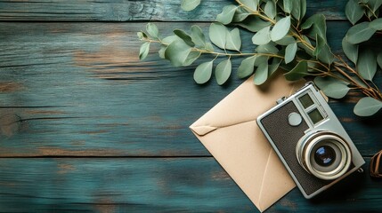 Stylish Retro Camera and Letters Embraced by Rustic Eucalyptus on Vintage Wooden Background