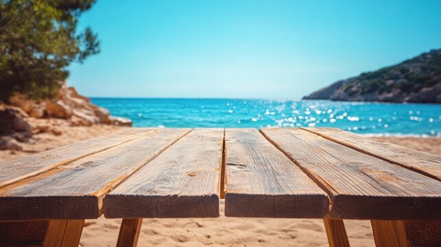 Serene beach picnic table vista offering a tranquil ocean view under a clear sky capturing the essence of summer relaxation and coastal charm