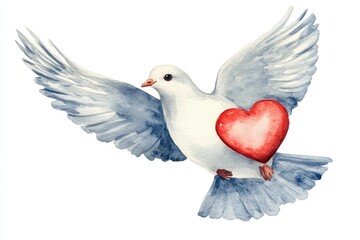 Obraz premium Whimsical Hand-Drawn Watercolor Dove Carrying a Heart, Perfect for Valentine's Day Celebrations