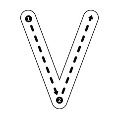 Tracing Alphabet letter V, Uppercase prewriting dotted line element for kindergarten, preschool kids worksheet for handwriting practice activity.