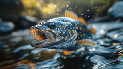 Walleye fish breaches the surface of a freshwater river, creating splashes and displaying its open mouth