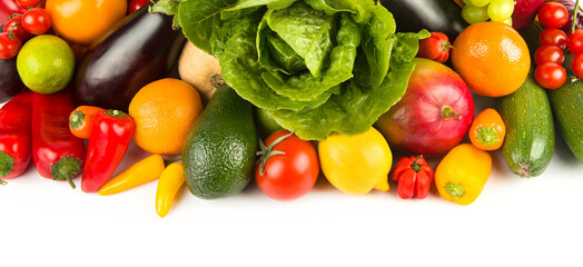 Set of vegetables and fruits isolated on a white background. There is free space for text.