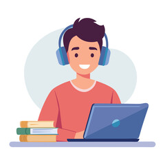 man in headphones, studying at laptop. Happy female student watching business webinar. Video conference call, remote work communication. Flat vector illustration isolated on white background
