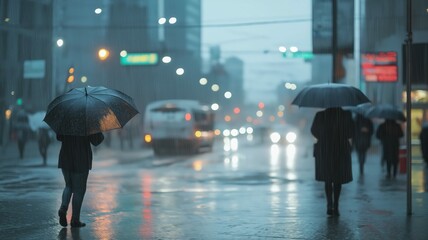 Fototapeta premium Rainy City Street at Night People with Umbrellas and Blurred Lights