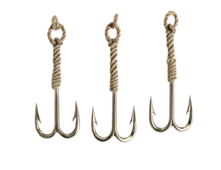 Three sharp fish hooks hanging from rope on white background.PNG.AI GENERATED