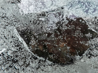 Ice texture with cracks, bubbles and frozen leaves for computer graphics, texturing, compositing or as a background