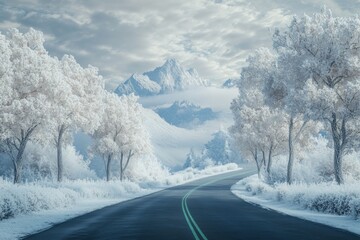 A serene winter road to misty snow capped mountains with frosted trees and tranquil skies