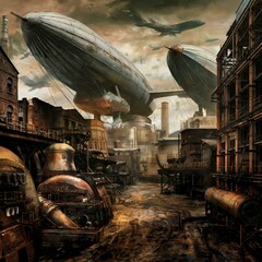 dieselpunk illustration of a gritty, dystopian industrial city. In the distance, huge airships loom over the horizon, their engines humming with raw industrial power