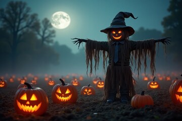 Fototapeta premium A creepy scarecrow stands in a foggy pumpkin patch, surrounded by glowing jack-o'-lanterns and mist. The harvest moon hangs low in the sky, casting a ghostly light