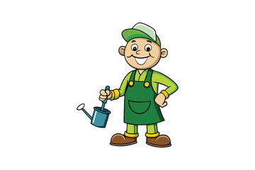 A cartoon of a gardener wearing a green apron and holding a watering can vector art illustration.eps