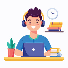 man in headphones, studying at laptop. Happy female student watching business webinar. Video conference call, remote work communication. Flat vector illustration isolated on white background