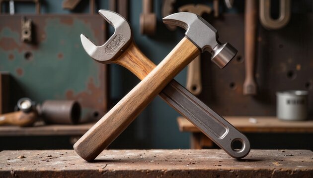 Crossed hammer and wrench on rugged workbench, celebrating craftsmanship