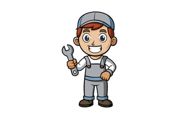 A cartoon of a mechanic in a grey uniform and holding a wrench art illustration.eps