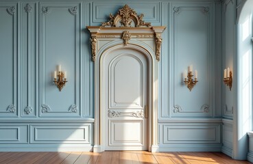 Obraz premium Illustration of carved door in elegant baroque style bedroom decors. Interior design boasts ornate gold detailing, luxury, sophistication. Classic European architecture adds timeless chic to home
