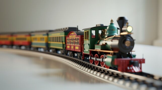 A realistic toy train set, each piece carefully placed on a smooth white surface, with a shiny finish.