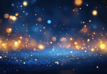 Obraz premium Sparkling Bokeh Texture with Blue and Gold Lights Creating a Dreamy Background for Celebrations, Parties, and Art Projects
