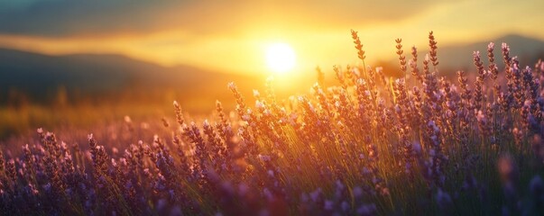 a scenic view of a lavender field bathed in the warm glow of the setting sun. The flowers sway gently in the breeze, creating a serene and picturesque landscape.