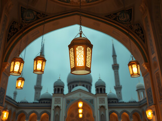 dreamscape islamic lenterns hanging on cable infront of mosque in ramadhan