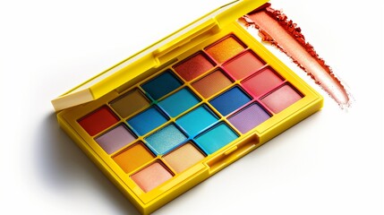 A set of colorful eyeshadow palettes, opened to reveal vibrant shades, isolated on a white background.