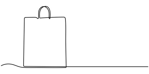Naklejka premium Shopping Bags Continuous Line Drawing with Editable Stroke and Copy Space, Vector continuous one single line drawing icon of sale hand holding paper bags black friday concept in silhouette sketch. 