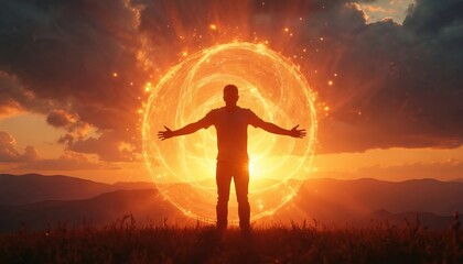 Silhouette of man with outstretched arms in energy field at sunset. Energetic healing spiritual practice. Person radiating aura of light, power. Meditation session at dusk. Concept of inner peace,