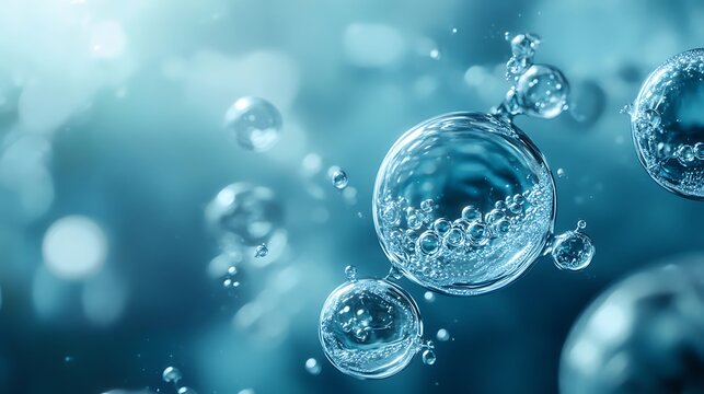 a futuristic water based fuel cell system showcasing hydrogen molecules in shimmering liquid bubbles