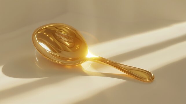 A shiny gold spoon, beautifully crafted and reflecting light, lying flat on a clean white surface.