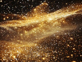 Sparkling Gold Cosmic Dust in a Dark Expanse with Glimmering Stars and Twinkling Lights Creating a Magical Celestial Scene