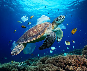 Fototapeta premium A sea turtle swims through the ocean, surrounded by floating plastic waste and debris. Pieces of plastic bags, bottles, and other human-made trash.