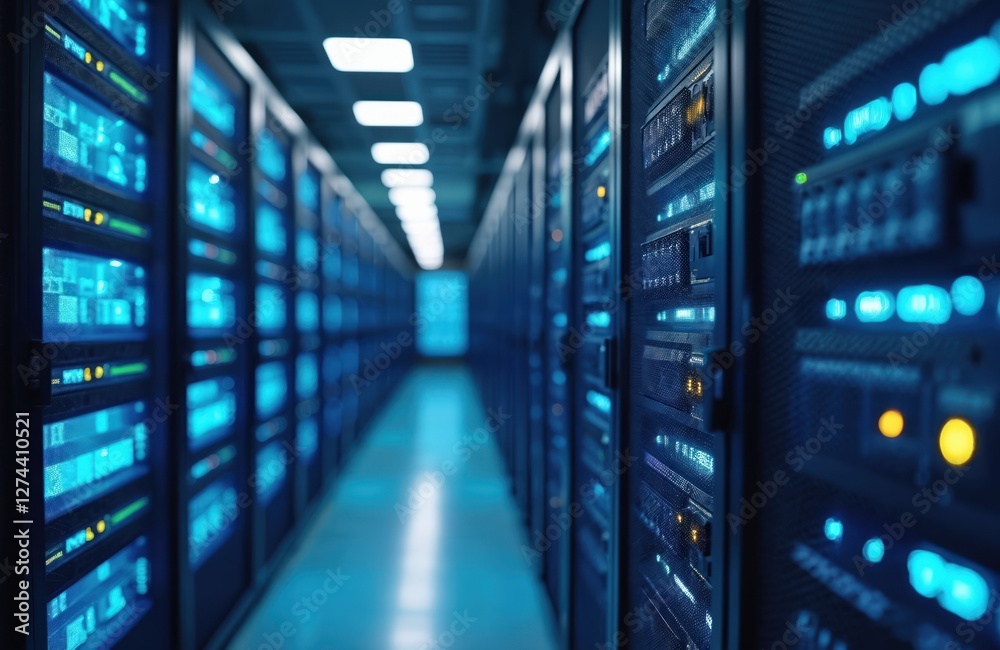 Poster Modern interior of server databank room with rows of machines, blue LED lights indicating active data processing. Datacenter offers connectivity, computer network, cyberspace infrastructure. Hardware