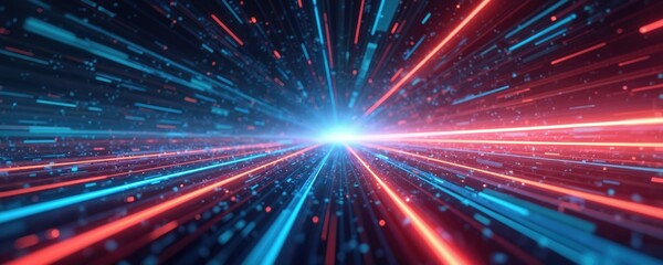 Illustration of future tech line background with light effect in cyberpunk style. Red, blue lines moving from center. Tech concept design for banner background wallpaper. Futuristic digital graphic