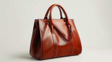 A sleek leather handbag with intricate stitching and a polished finish, placed on a pristine white background.