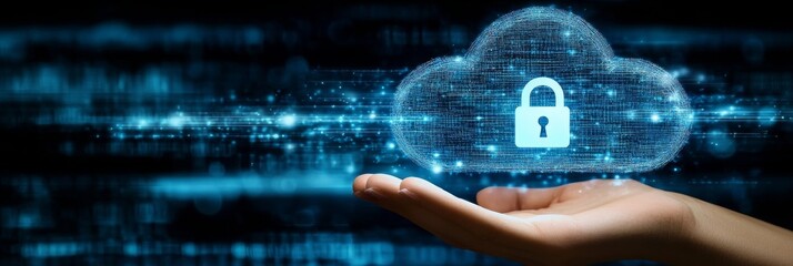 Hand Holding A Glowing Cloud With A Padlock Symbol Over A Futuristic Blue Data Flowing Background