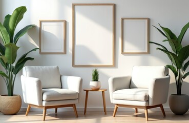 Modern interior with two white armchairs and blank poster frames on wall. Interior design composition with green plants in pots, wooden floor and small table. Mockup posters for advertising campaign.