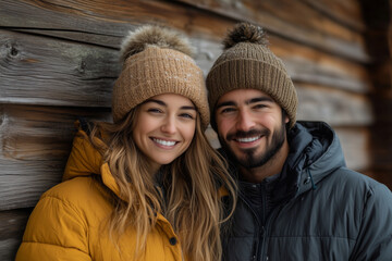 Happy couple enjoying winter fun in cozy outdoor setting