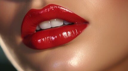Obraz premium Close up of a woman skillfully applying red lipstick with glossy lips under soft studio lighting