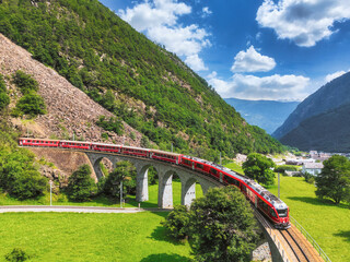 Aerial view of spiral viaduct of Rhaetian Railway, Grisons canton, Switzerland
