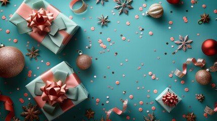 A turquoise background with gift boxes tied in velvet ribbons and surrounded by paper decorations