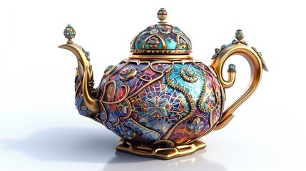 An intricately illustrated toy teapot, with fine detailing and reflections, placed on a bright white background.