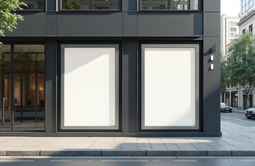 Two blank billboards on modern building facade in daylight, concept of street advertising. Urban setting, empty white posters, template. Advertisement mockup with copy space on facades. Generative AI