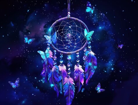 Dreamcatcher in purpul shades with floral accents. Perfect for serene and peaceful visuals.