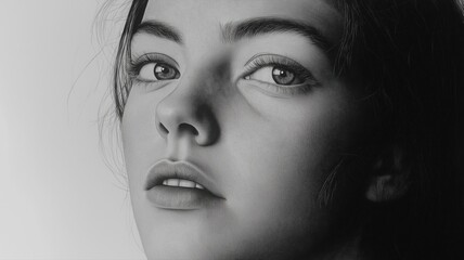 Fototapeta premium Close Up Black And White Portrait Of A Young Woman With A Grainy Texture
