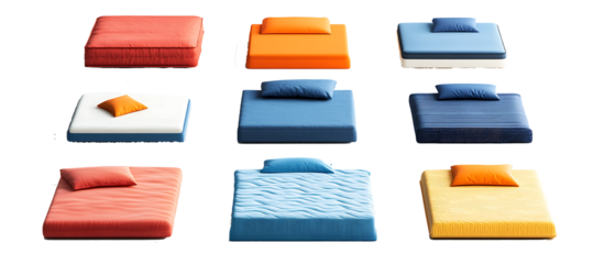 set of a colourful mattress bed on a white background PNG,AI GENERATED