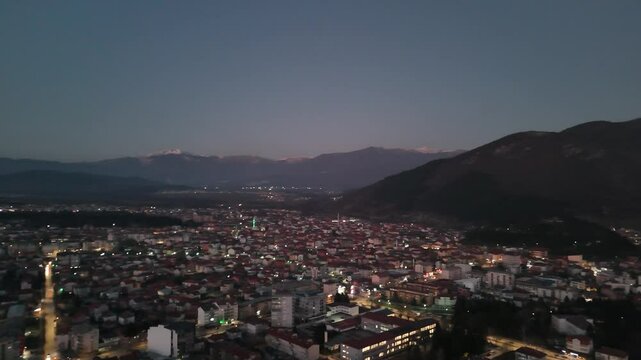 Kicevo at night. Kichevo, Macedonia. Drone footage.