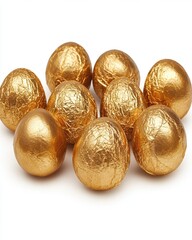 Obraz premium Luxurious golden eggs in a pristine white background radiating opulence and festive cheer ideal for easter celebration with a touch of elegance and sophistication