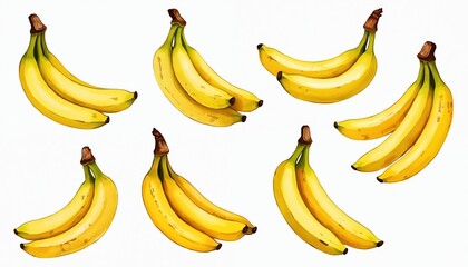 Set of watercolor illustrations of yellow bananas isolated on transparent background. Tropical fruit, healthy sweet breakfast food. Bright hand drawn paint for card, frame, salad, cookie, dessert,