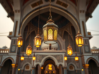 Obraz premium dreamscape islamic lenterns hanging on cable infront of mosque in ramadhan