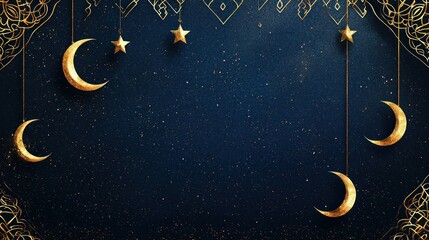 Fototapeta premium Elegant night sky with golden crescent moons and stars against a deep blue background, ideal for festive themes
