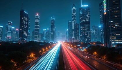 Fototapeta premium Night cityscape illustration with light trails, modern skyscrapers. Long exposure photo of urban highway traffic, city lights, blue illumination. Futuristic city architecture smart city concept.