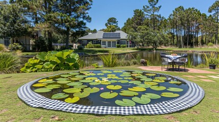 Charming picnic arrangement on a spacious lily pad surrounded by a serene pond setting